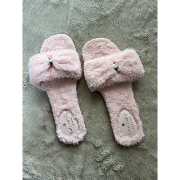 Kate Spade Pink Faux Fur Slippers With Bow & Silver Accent - Picture 1 of 8